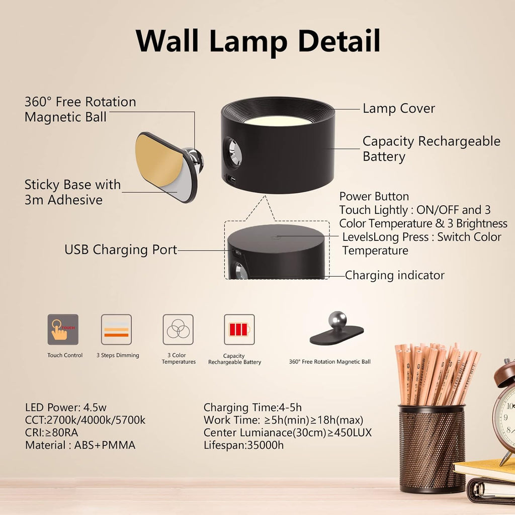 Wall Mounted Rechargeable Magnetic Lamp with Scones